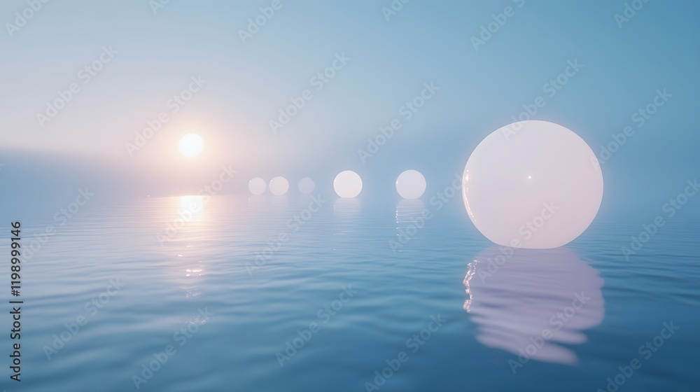 Poster abstract glowing orbs floating in a calm blue void, symbolizing mental clarity and balance