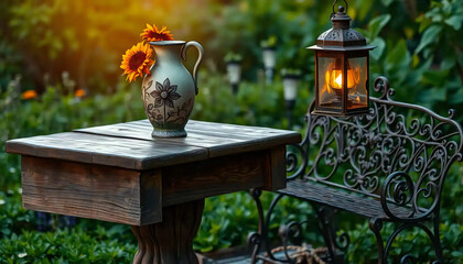 A_icon_of_In_an_enchanting_twilight,_a_weathered_wooden_table,_worn_by_time_and_the_elements,_stands_alone_in_a_verdant,_moonlit_garden_Its Generative AI