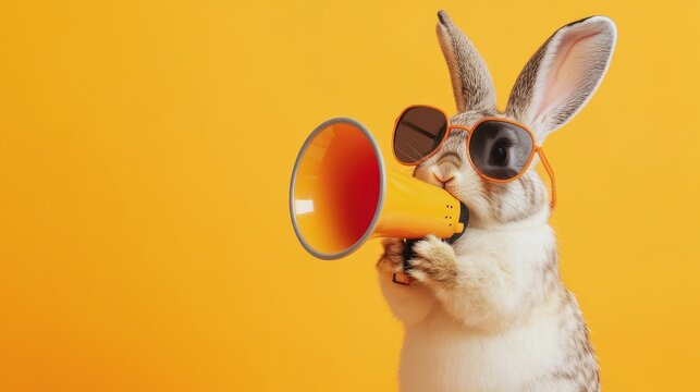 Cool bunny in sunglasses with megaphone on orange background