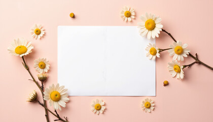 Fototapeta premium An empty white postcard surrounded by dried daisies on a cream background