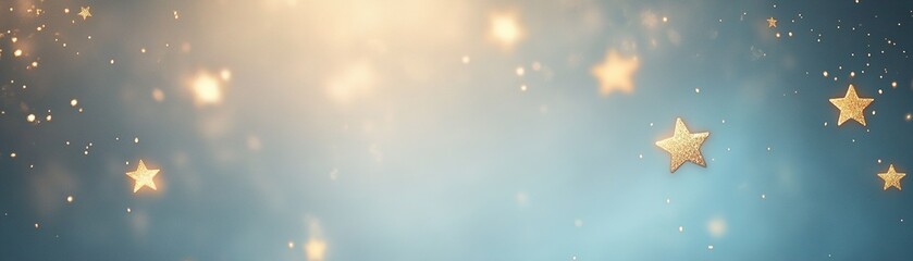 Naklejka premium A calming night sky features a soft gradient of light blue and gray, scattered with glowing golden stars, offering a serene backdrop ideal for creative text overlay and inspiration
