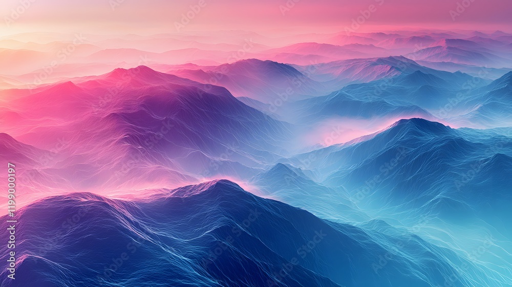 Poster Soft mist rolling over rolling hills, blending seamlessly with abstract glowing gradients