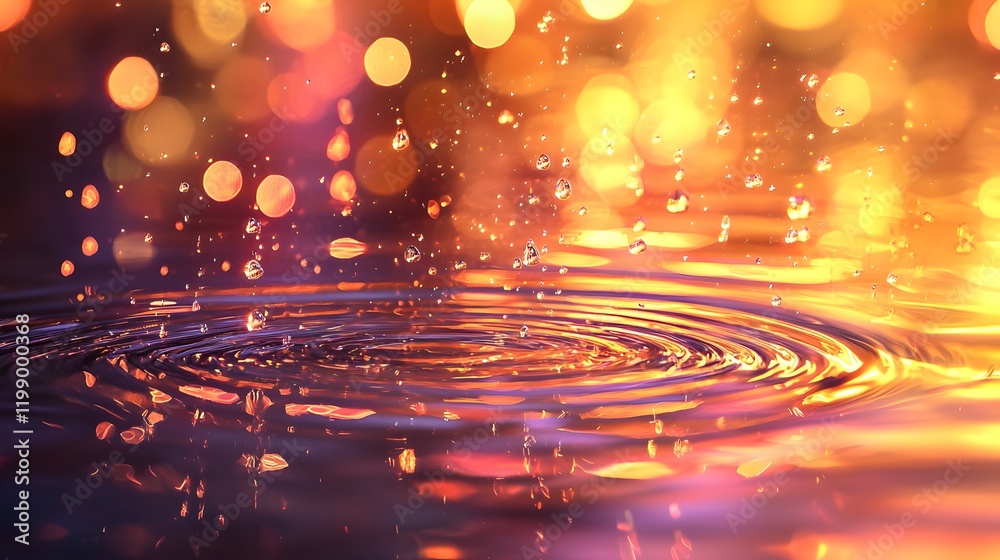 Aufkleber Abstract raindrops creating ripples on a reflective surface, blending realism with soft glowing effects
