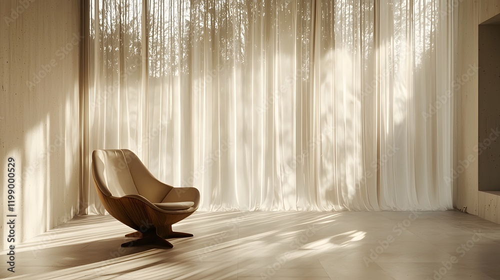 Poster A modern minimalist room with soft natural light streaming through sheer curtains, creating calming shadows