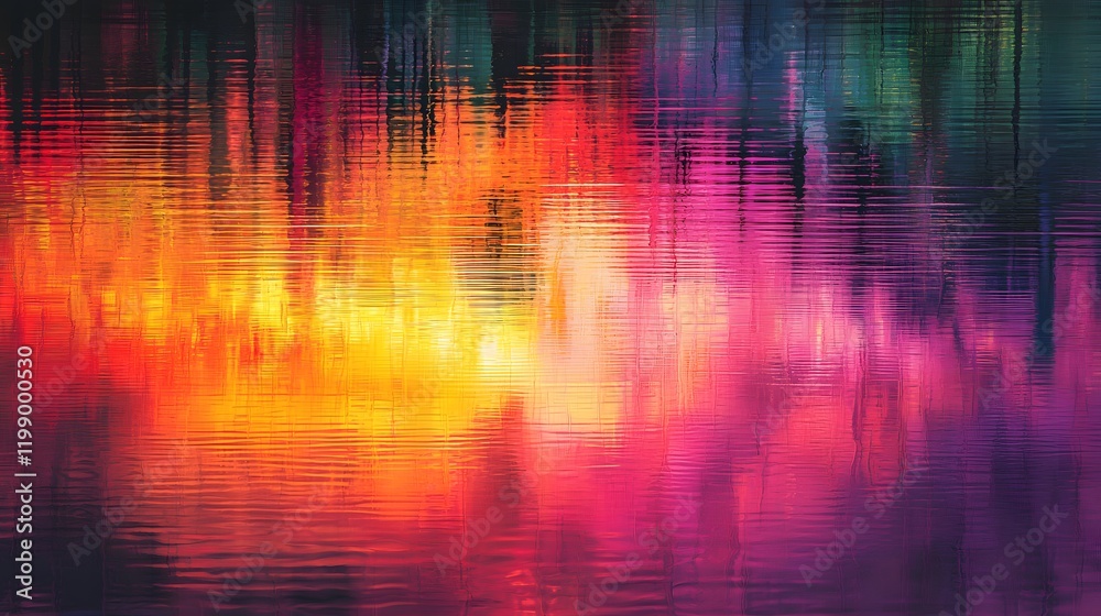 Poster Sunset reflections on a rippling lake, blending vibrant real-world hues with glowing abstract tones
