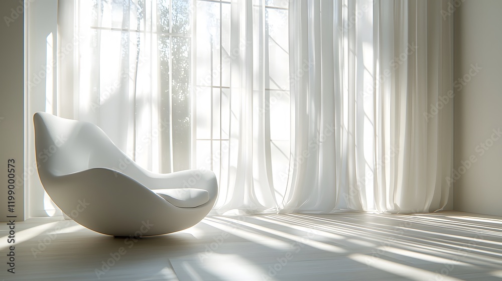 Poster A modern minimalist room with soft natural light streaming through sheer curtains, creating calming shadows