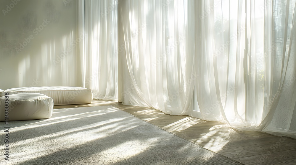 Poster A modern minimalist room with soft natural light streaming through sheer curtains, creating calming shadows