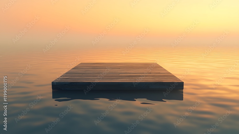 Aufkleber A floating minimalist platform in the middle of a calm lake, surrounded by soft golden light