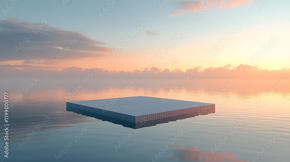 Aufkleber a floating minimalist platform in the middle of a calm lake, surrounded by soft golden light