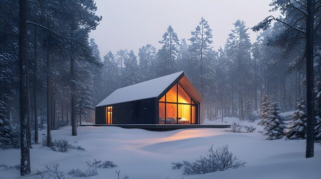 A small minimalist cabin surrounded by snow-covered pine trees, warm light glowing from the windows