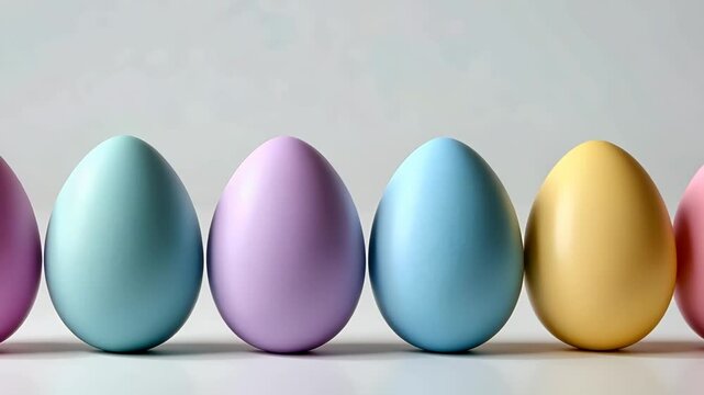 Row of colorful eggs are lined up on a white background. The eggs are of different colors, including pink, yellow, and blue. Concept of joy and celebration
