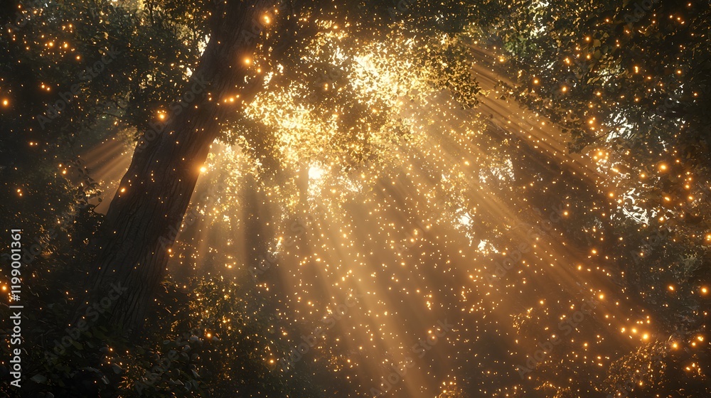 Poster a dense forest with sunlight streaming through the canopy, creating golden beams of light