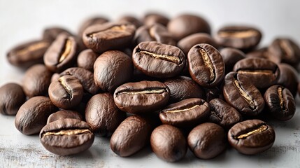 Obraz premium A handful of coffee beans. A pile of scattered coffee beans