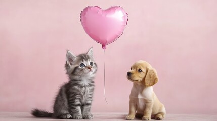 Cute kitten and puppy with pink heart balloon, adorable animal friends, pink background