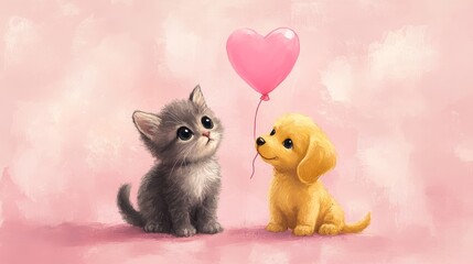 Cute kitten puppy with pink heart balloon, Adorable pets with balloon, Love and friendship, Cute animals, Heartwarming scene