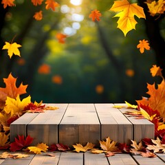 Obraz premium Autumn Leaves Wood Podium in Natural Setting