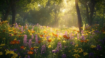 Obraz premium A hidden glade filled with wildflowers, the soft hum of bees in the air