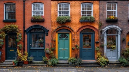 Obraz premium Colorful row of charming houses with vibrant doors and plants, showcasing autumn foliage in a cozy neighborhood