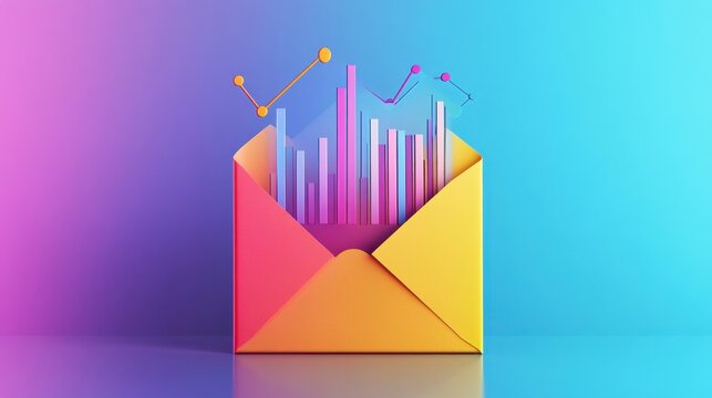 Colorful envelope with financial growth chart, digital marketing concept on gradient background.