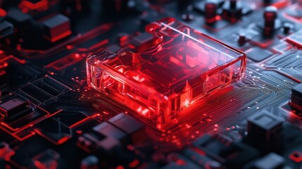 Transparent red padlock embedded in a circuit board symbolizing data encryption security and protection in a high tech digital landscape