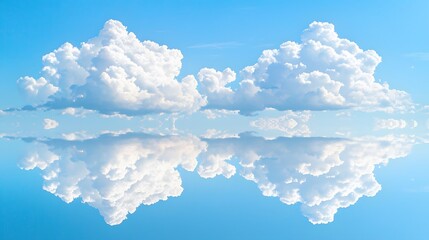 A clear blue sky reflected in still water, with soft white clouds forming gentle shapes