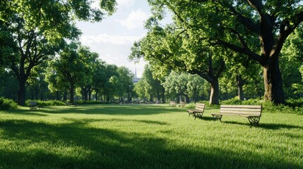 Serene park scene with benches amidst lush greenery and trees.