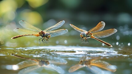 A pair of dragonflies hovering above a quiet pond, their delicate wings catching the light