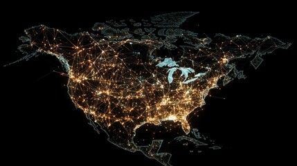 Digital map of North America, showcasing the interconnectedness of the continent through glowing lines and dots, representing communication, technology, and global connections.