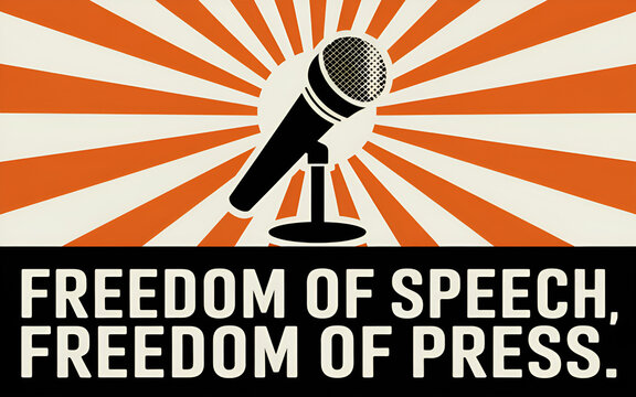 The bold phrases "Freedom of Speech, Freedom of Press" on a glowing golden background, symbolizing justice and media rights.