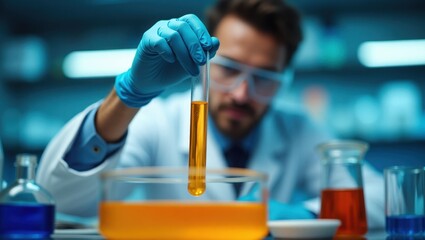 Scientist in lab coat and gloves conducting an experiment with test tubes and colorful liquids in a laboratory setting