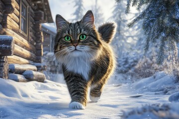 Detailed lifelike image Norwegian Forest Cat in snowy landscape