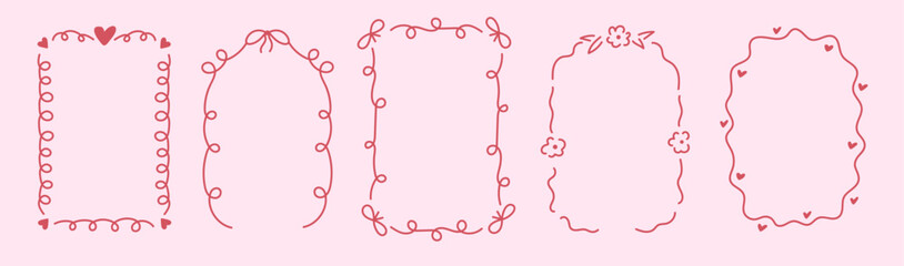 Set of groovy zigzag wavy frame with heart and flower. Rectangular shapes with curvy and jagged borders. Art line elements. Squiggle funky 