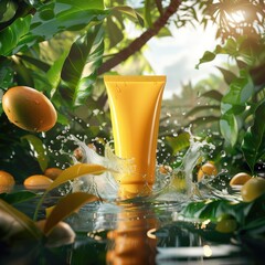 Empty cosmetic tube surrounded by lush tropical leaves. Mango slices, splashing in fresh water under sunlight. Empty Packaging Mockup For Product Brand