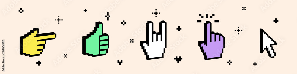 Fototapete 3D vintage different hand gestures vector icon set. Pixel art. Y2k pointing finger sticker. Bright geometric objects isolated on white background. Rock hand symbol. 3D thumbs up like emoji. Cursor