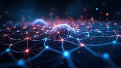 Visual representation of a neural network illustrating intricate connections and data dynamics in a digital space