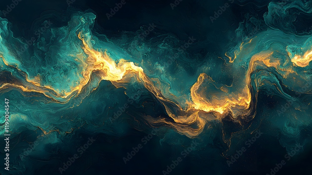 Poster a glowing wave form in warm gold and teal, flowing across a dark void