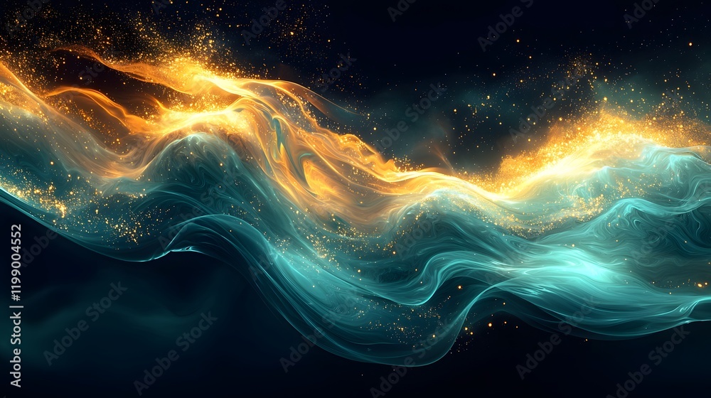Poster a glowing wave form in warm gold and teal, flowing across a dark void