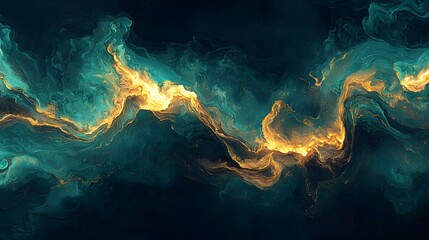 A glowing wave form in warm gold and teal, flowing across a dark void