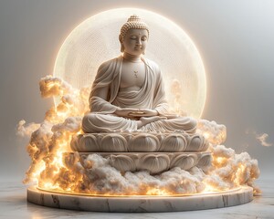 Fototapeta premium Serene Buddha statue meditating amidst glowing clouds and a moon.