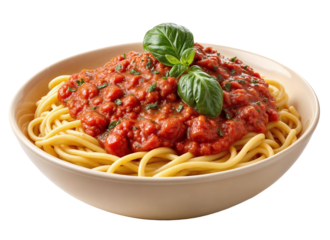 Bowl of spaghetti with tomato sauce and basil isolated on a transparent background