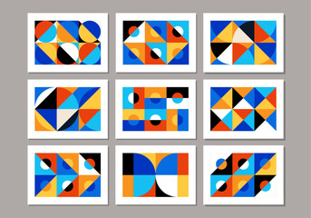 Set of minimal geometric design posters with primitive shapes elements