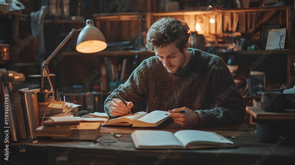 Poster a man writing in a journal at a rustic wooden desk, warm light from a nearby lamp creating a peacefu