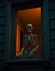 skeleton in front of a wall