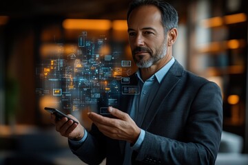Businessman holding a smartphone with minimal holographic interface