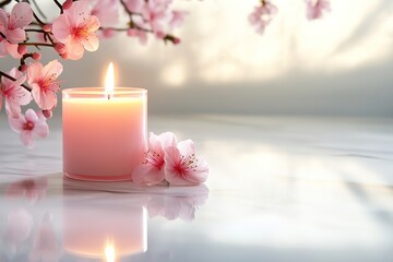 Delicate pink candle illuminated on a polished white marble surface, surrounded by soft floral elements. The calming atmosphere creates an ideal setting for Mother's Day celebrations
