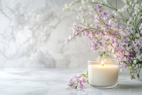 A lit candle surrounded by soft pink floral accents rests on a white marble surface, creating an elegant and calming atmosphere perfect for Mother's Day celebrations