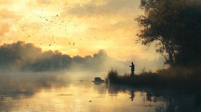 A man casting a fishing line into a quiet lake at dawn, mist rising from the water as birds call softly in the distance