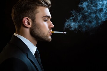 Fototapeta premium A person in a suit holds a lit cigarette, possibly outside or at an event