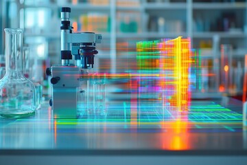 Colorful Abstract Representation of Scientific Research with Laboratory Equipment Featuring Microscope, Beakers, and Vibrant Data Visualization