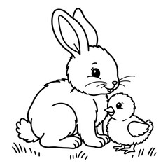 Fototapeta premium Easy and bold coloring page of rabbit and chick in a grassy field